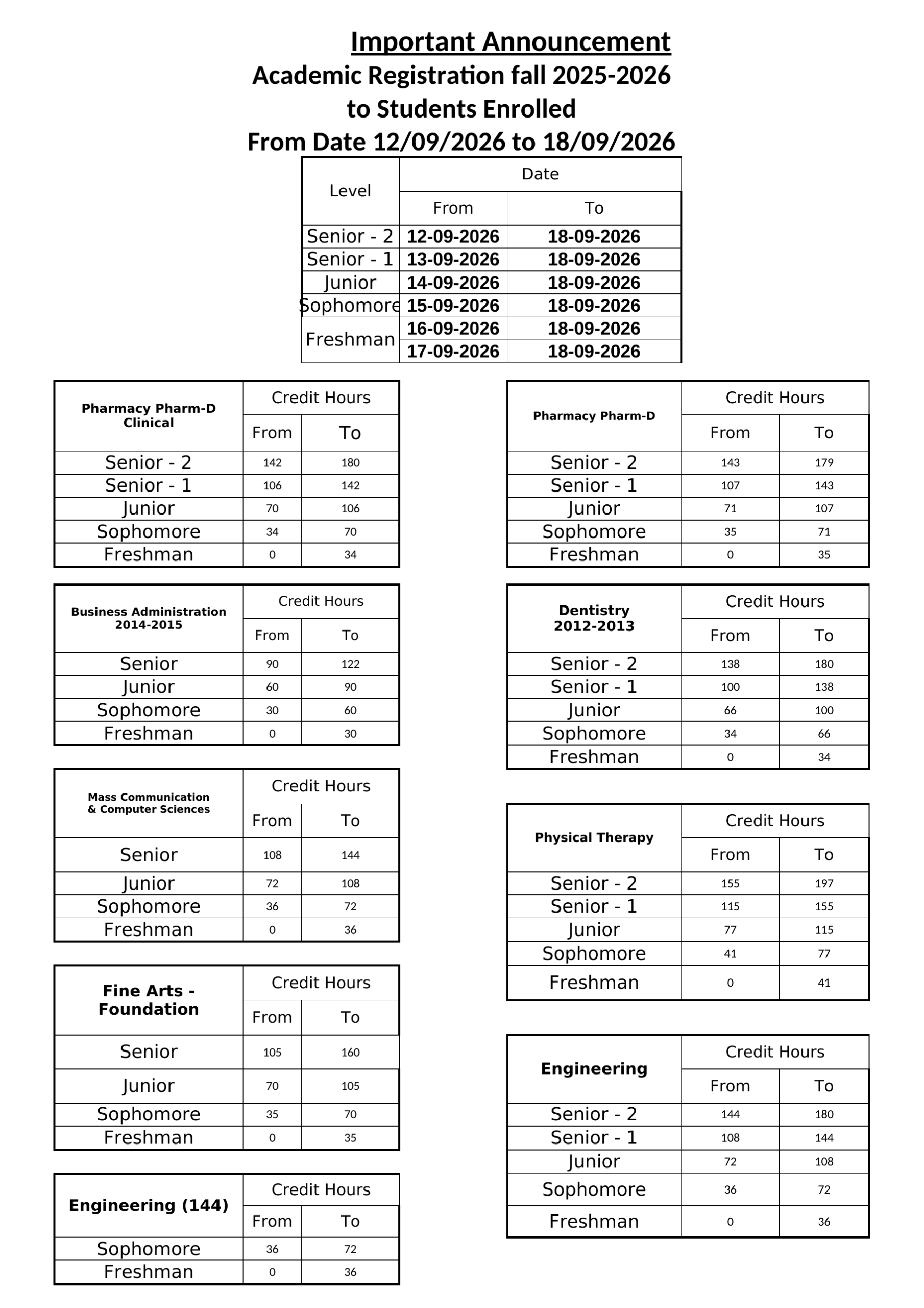 Advising dates for the first academic semester 2026-2027